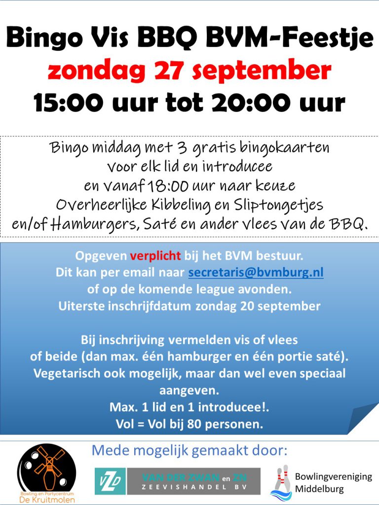 Bingo Vis en BBQ BVM-Feestje zondag 27 september 2020