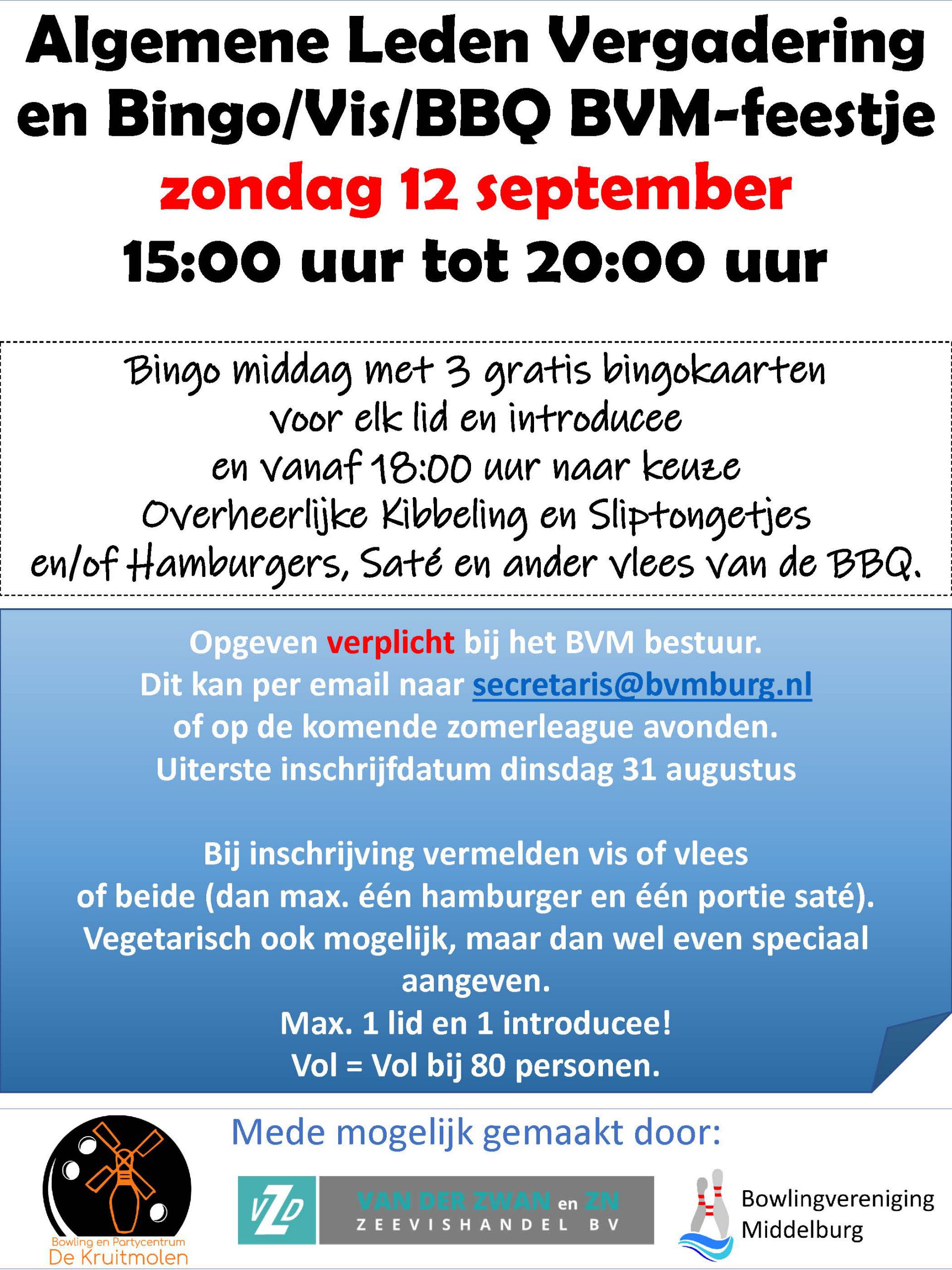 ALV / Bingo Vis en BBQ BVM-Feestje zondag 21 september 2021